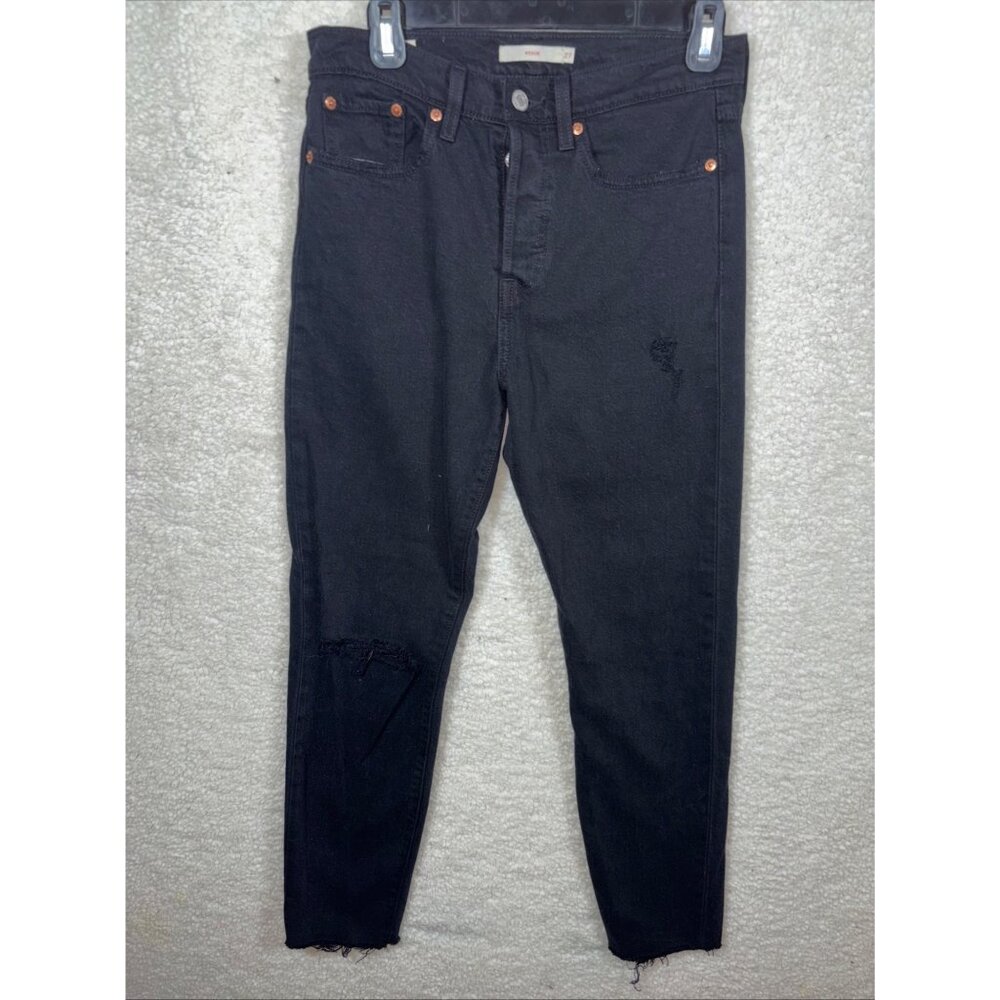 Levis Premium Wedgie Straight Jeans Womens Black Denim‎ Button Fly Size 27